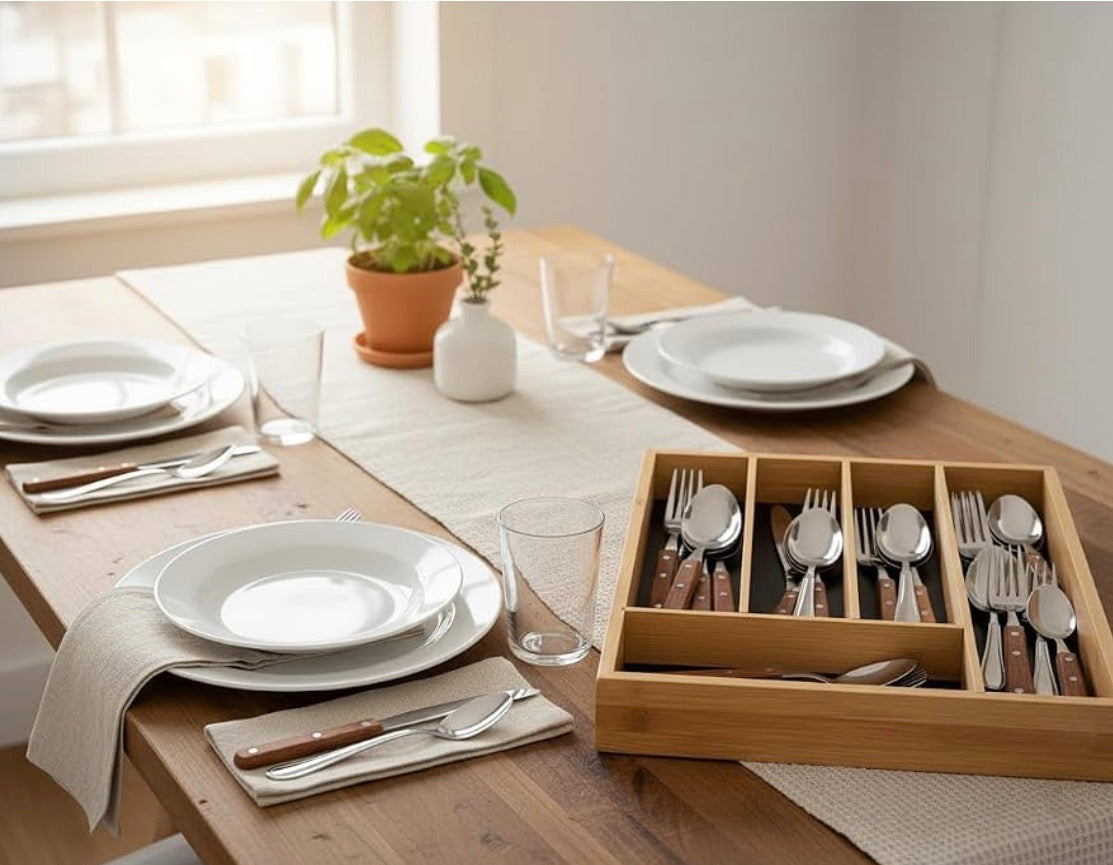 MHome Bamboo Cutlery-Multipurpose Tray - Kitchen Drawer Organiser with 5 Compartments - Durable, Durable, Eco-Friendly