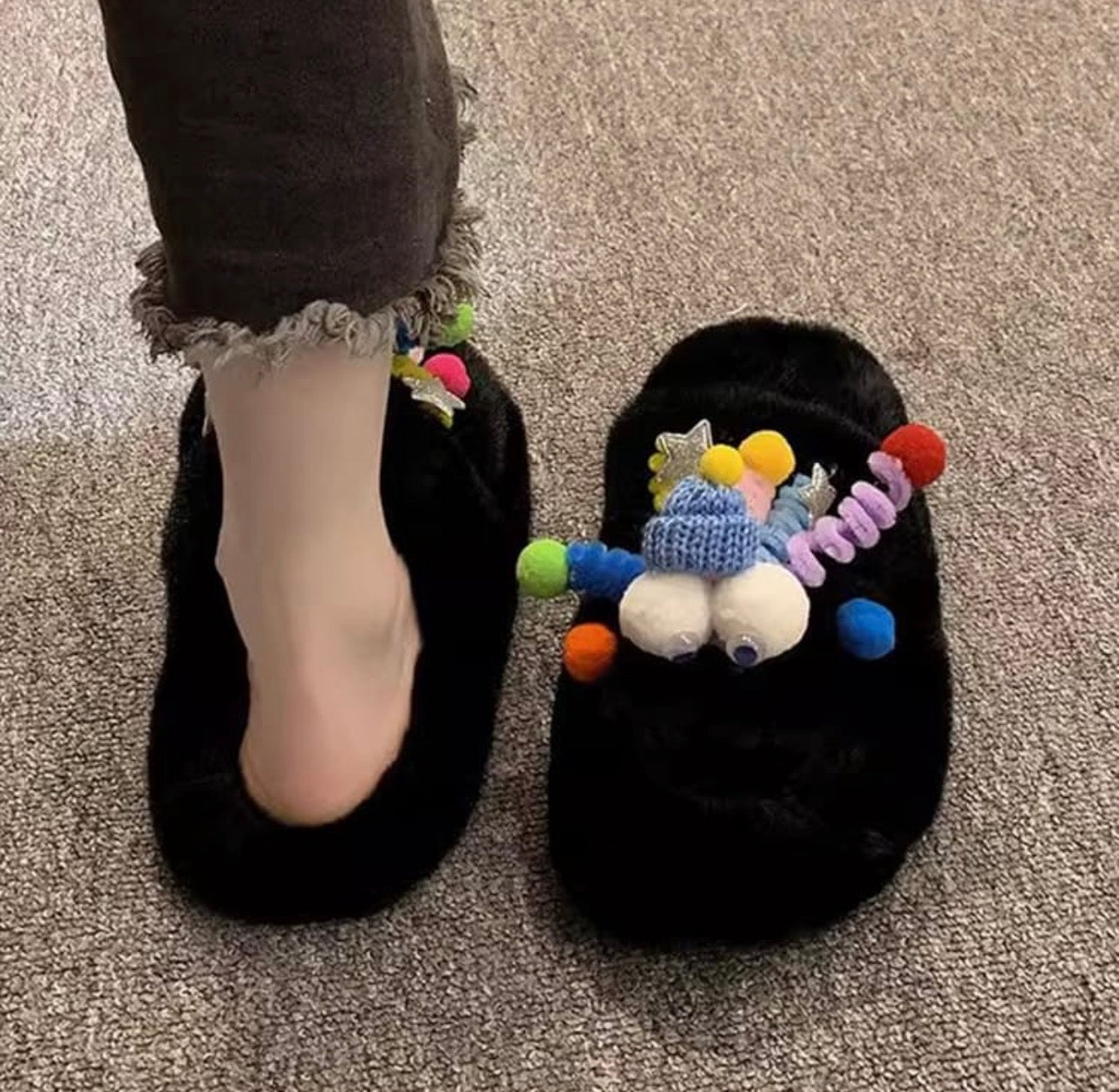 Women Winter Slippers Furry Flip Flops House Shoes Cute Cartoon Theme