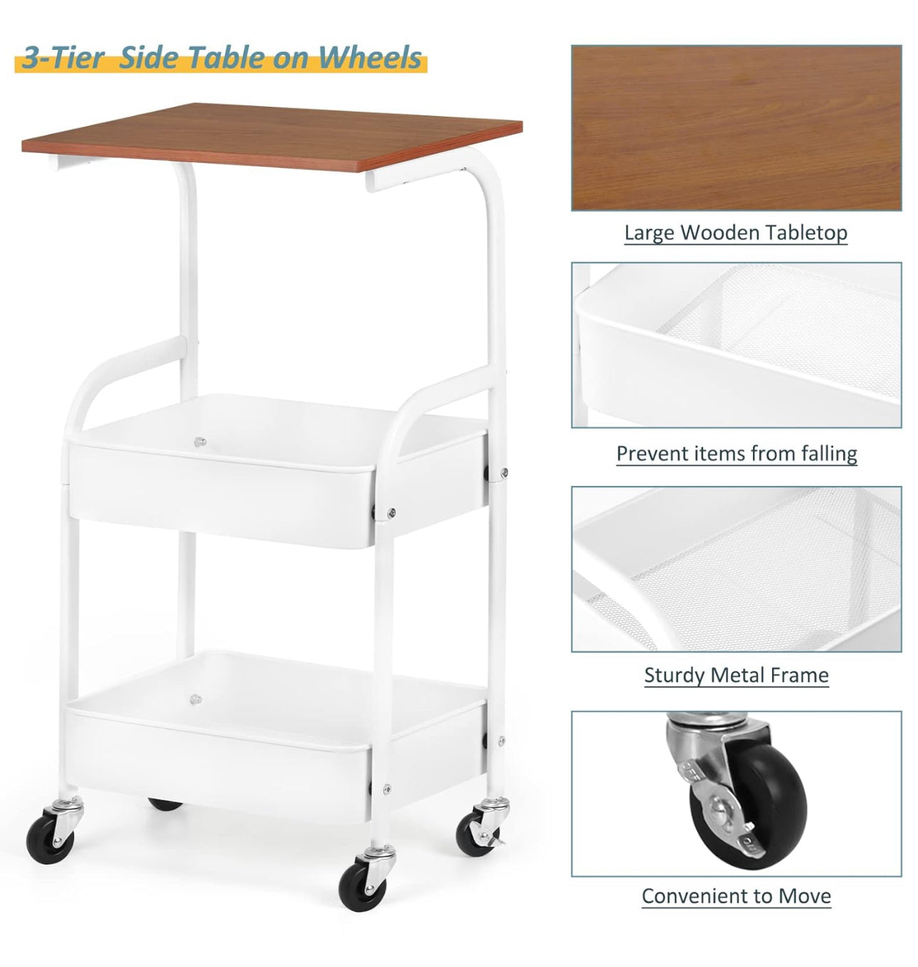 MHome 2-Tier Coffee Table Trolley – Rolling Storage Cart with Shelves, Metal Frame & Wood Finish