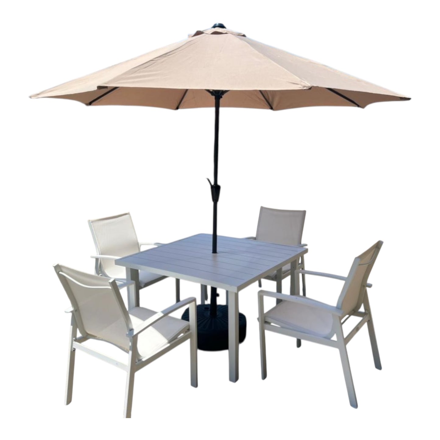 MFurn Zanele Inspired White 6pc  Outdoor Dining Set With Aluminium Frame Inc Umbrella+Base