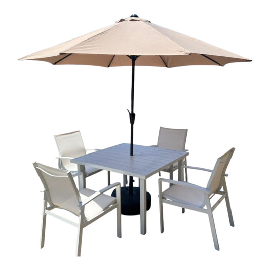 MFurn Zanele Inspired White 6pc  Outdoor Dining Set With Aluminium Frame Inc Umbrella+Base