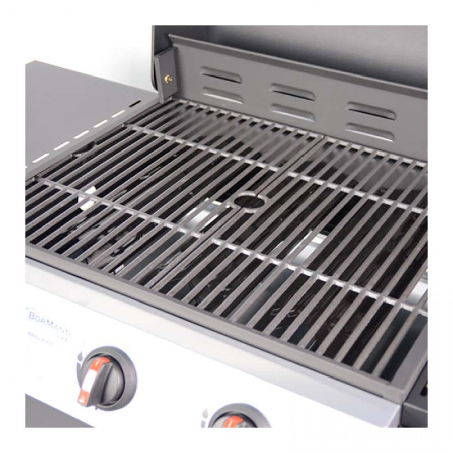 MHome Gas Grill 3 Burner With Cast Iron Grates, Thermometer And Side Shelves