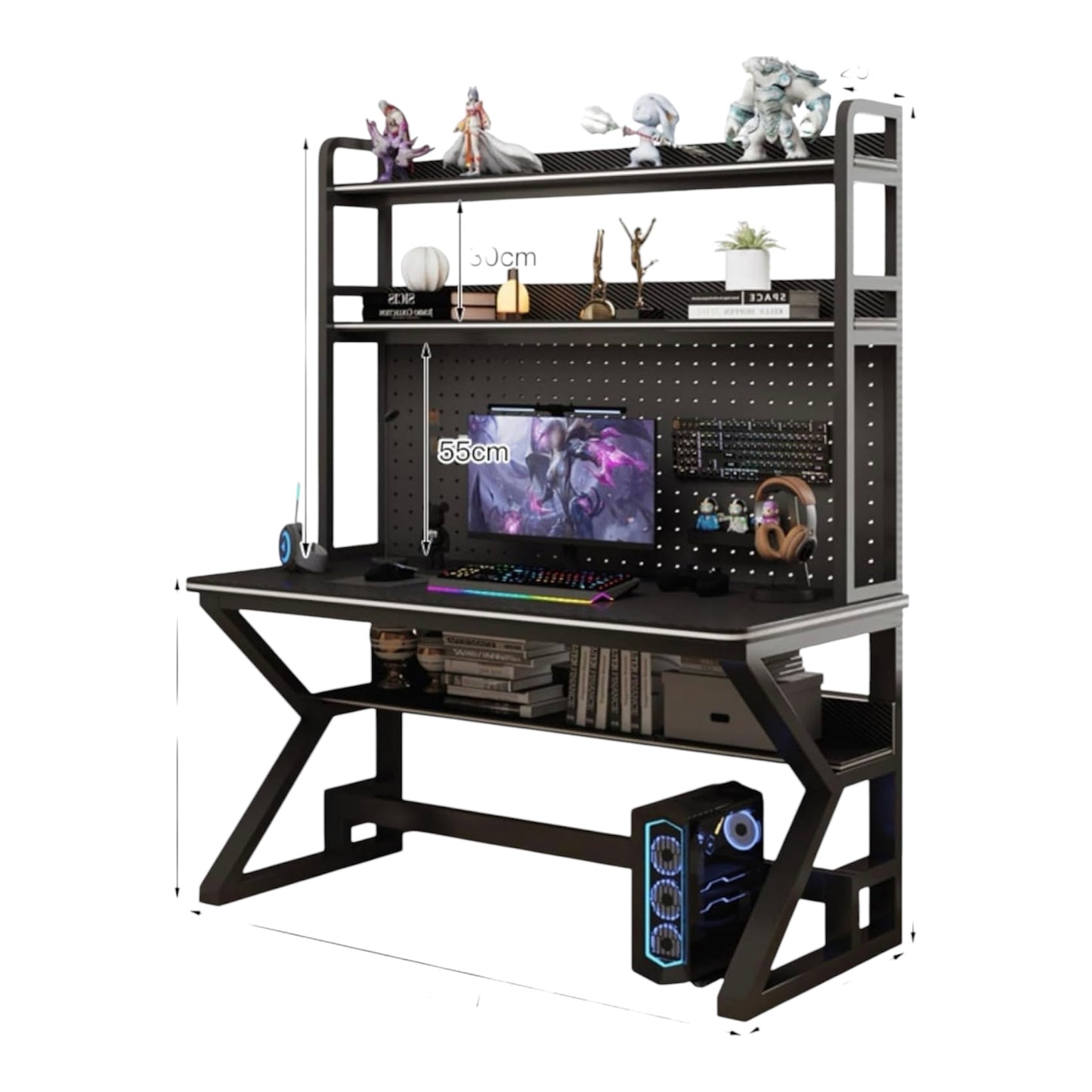 MFURN Computer Desk With Pegboard And Bookshelf, Modern Home Computer Table With Upper Storage Shelves Hutch For Office Bedroom Study Writing Workstation, Industrial Gaming Desk Student Writing Desk