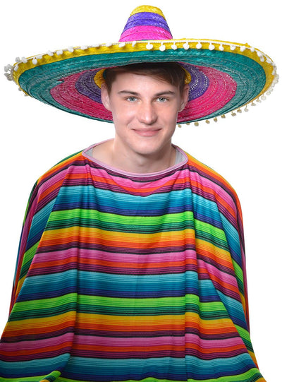 Multi Colour Adults Mexican Poncho & Sombrero Costume Hat