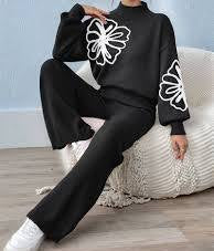 Ladies Floral Embroidery Knitted Loungewear 2pc - Various Colours