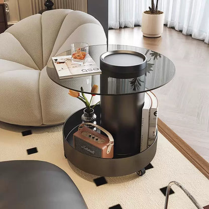 MFURN Double Layer Storage Coffee Table, End Table with Universal Wheel, Movable Round Coffee Table, Iron Side Table with Tempered Glass