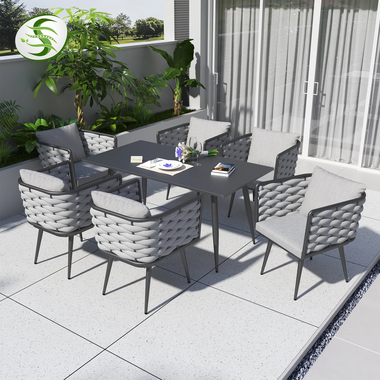 Modern Garden Outdoor Leisure Rope Woven Patio Dining Table + Chair With Aluminium Fame 7pc Set