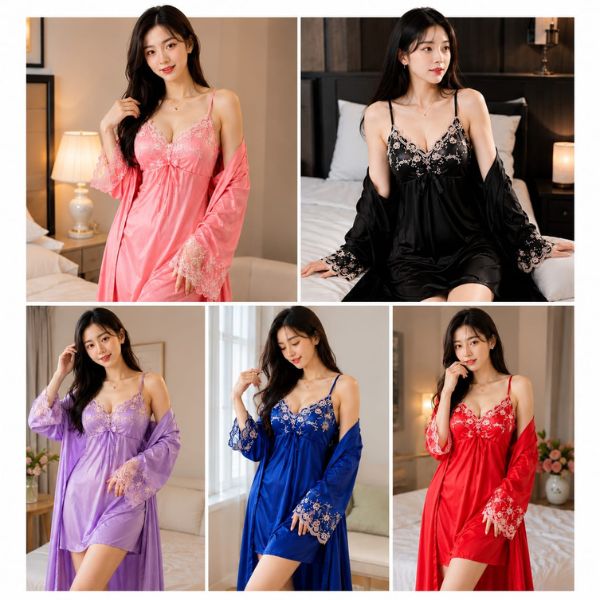 Ladies Embroidery Silk Night Dress\ Elegant & FASHIONABLE NIGHT WEAR 2pc Set-Various Colours