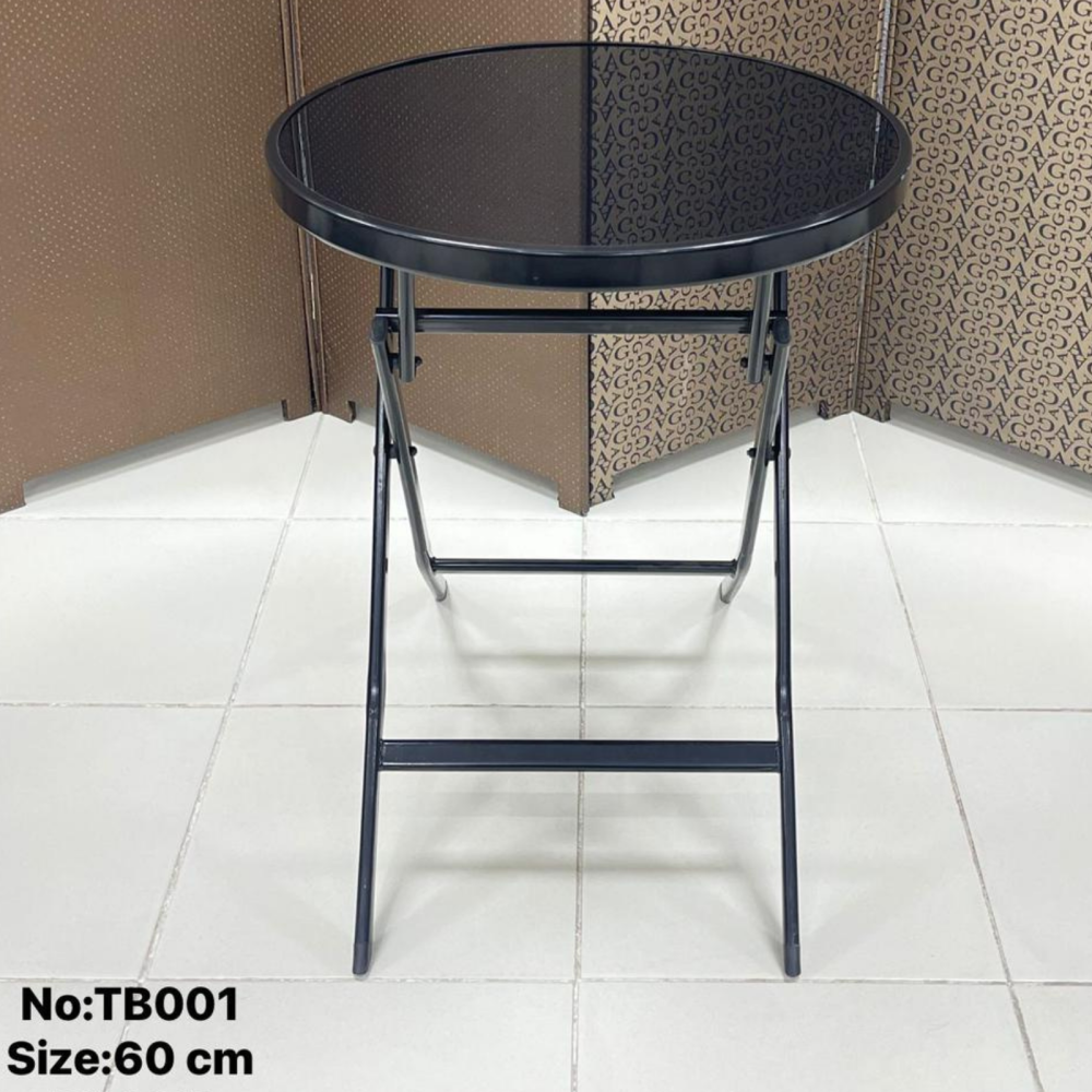 MFurn Round Glass Top Folding Table – Black Iron Frame (Various Sizes)