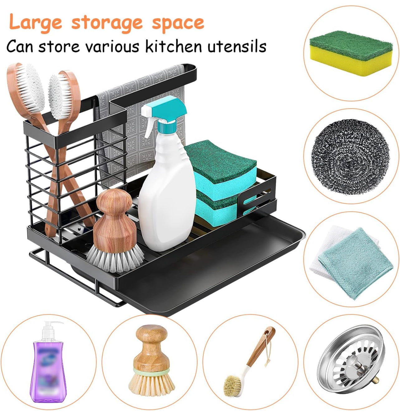 Kitchen Sink Organiser, Black, Sponge Holder, Kitchen Organiser, Sink Dish Cloth Holder Organiser, Sink Organiser, Sponge Holder for Kitchen Sink Storage & Organisation (Black)