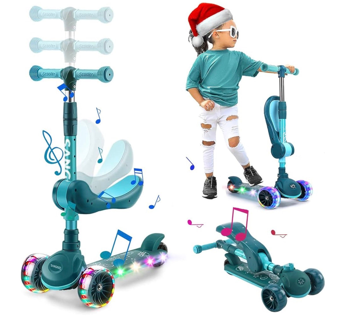 Scooters for Kids, Folding Scooters for Kids, Adjustable Height Scooter for Boys Girls, Kids Scooter with LED Lights and Built-in Music Player 2 in 1 Kick Scooter