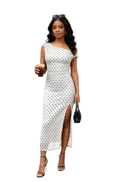 Ladies Off Shoulder Midi Polka Dot Dresses-Various Colours