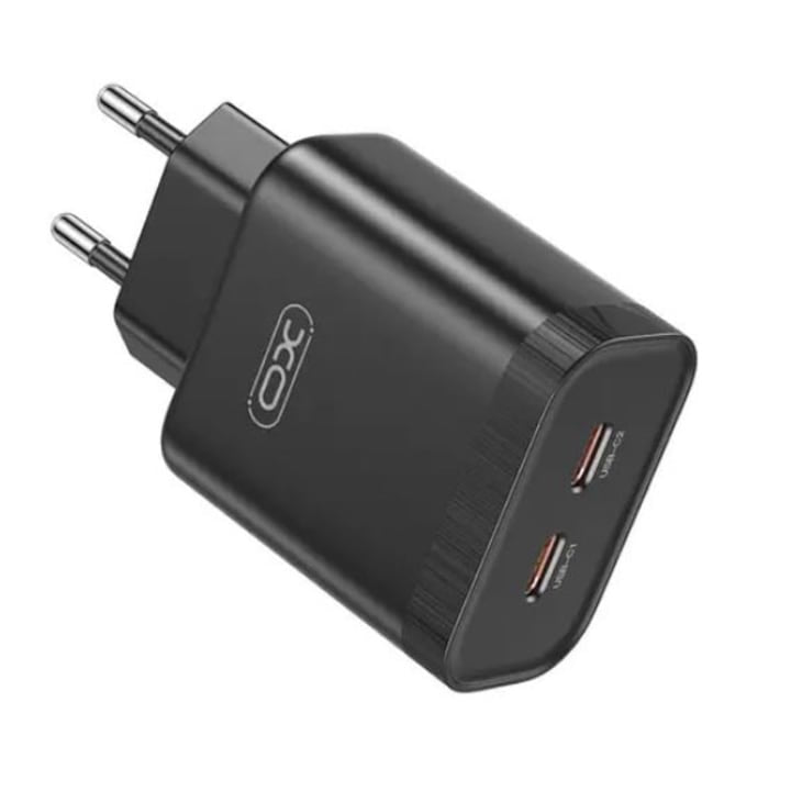 Adapter and Lightning Cable for iPhone, Dual Type-C Charger, Fast Charging 35W, Black.