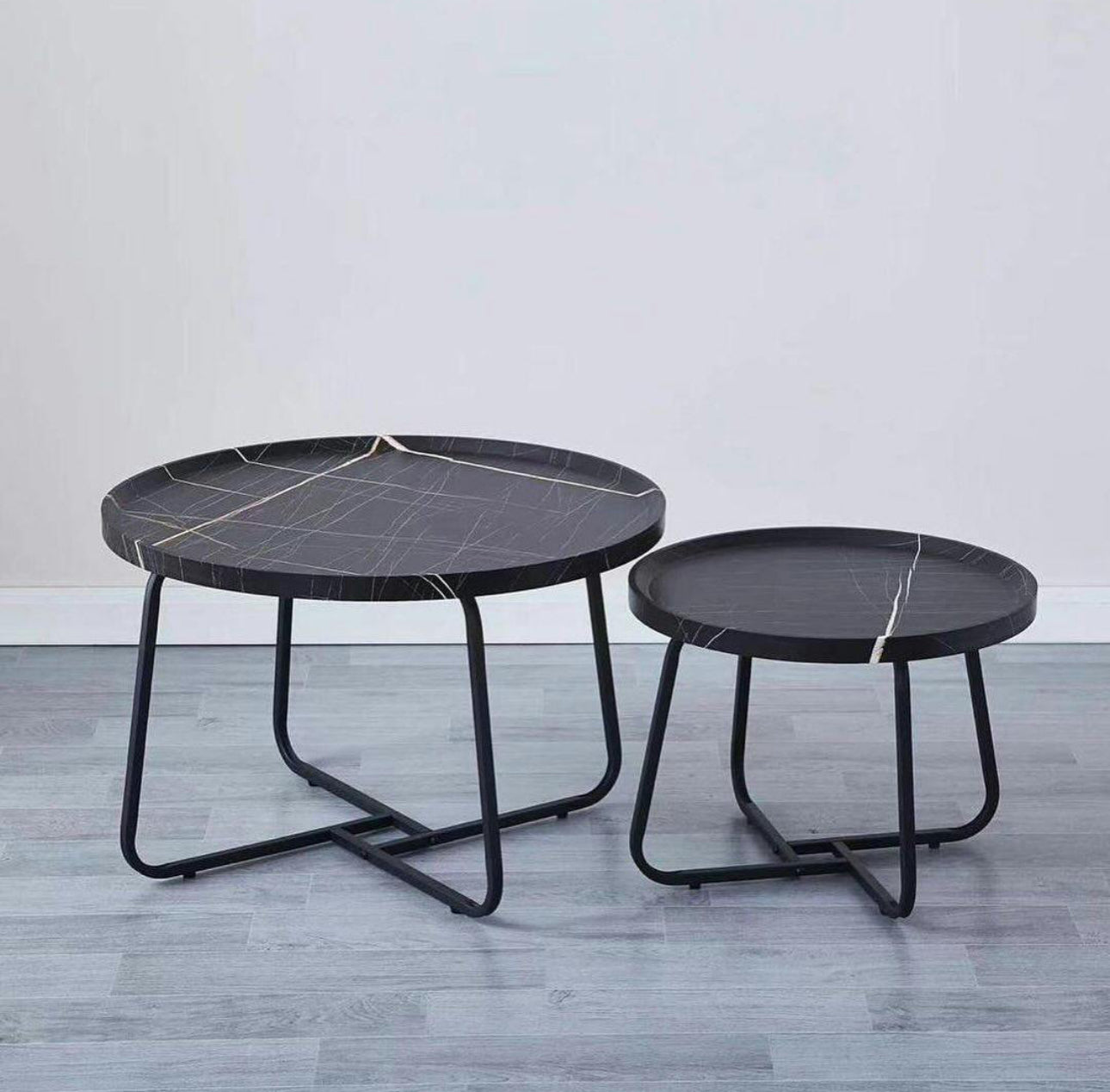 MFurn 2-Piece Round Coffee Table Set – Modern Wood Raised Edge with Metal Frame
