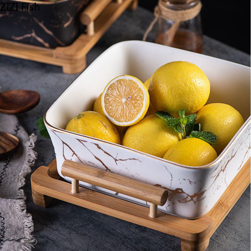 MHome Marble Ceramic Serving Bowl with Wooden Base