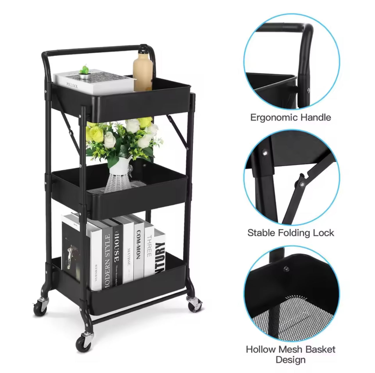 MHome 3-Tier Foldable Metal Kitchen Trolley – Utility Shelf on Wheels