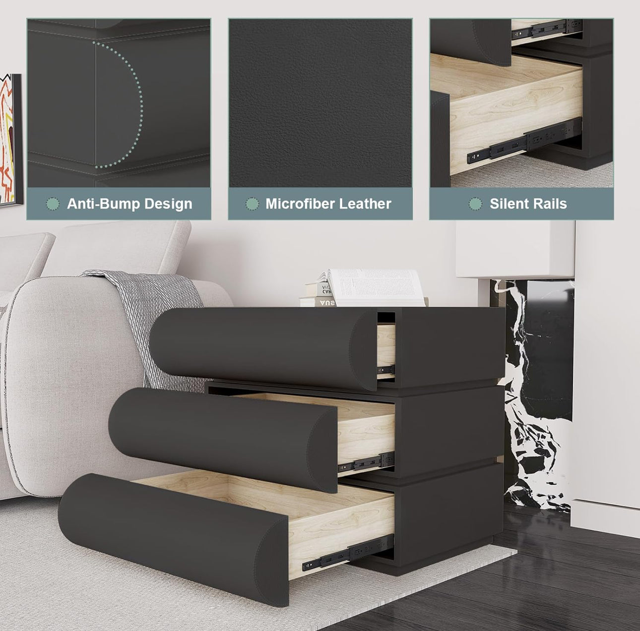 MFurn French Style Bedside Table with Three Drawers, Lightweight Luxury High End