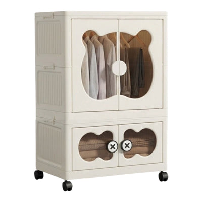 MHome  Kids Bear Wardrobe/Multifunctional Collapsible Plastic Wardrobe for Kids- Storage Cabinet – Dustproof Organizer for Baby Clothes, Toys & Books with Wheels & Hangers- Beige/Various Sizes