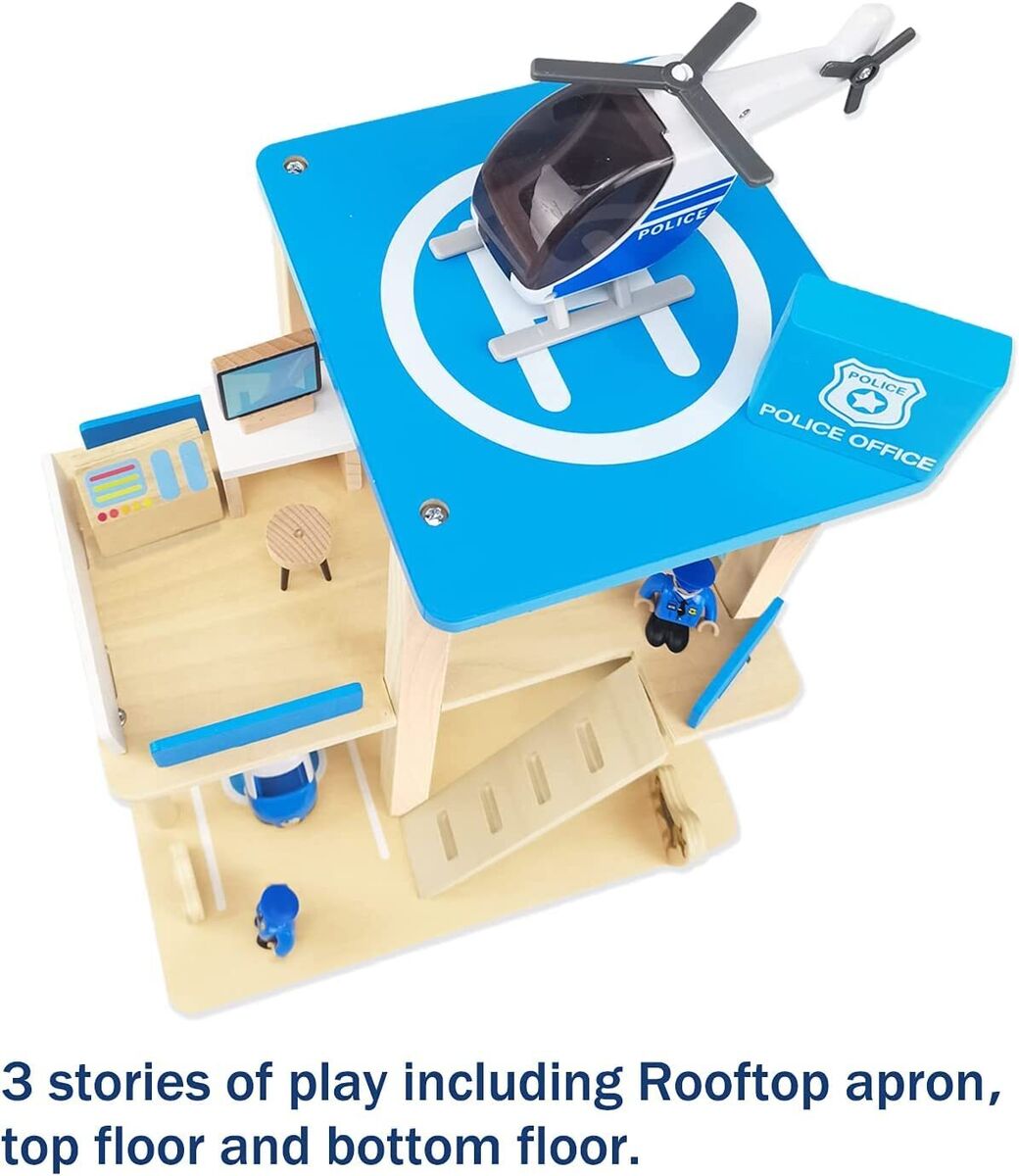 Kids Wooden Police Station Playset, RolePlay Dollhouse, 3-Level with Figures