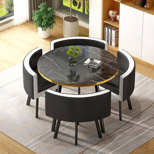 Modern Nordic Round Dining Table Set – 5pc Marble Look MDF Table with 4 PU Leather Chairs