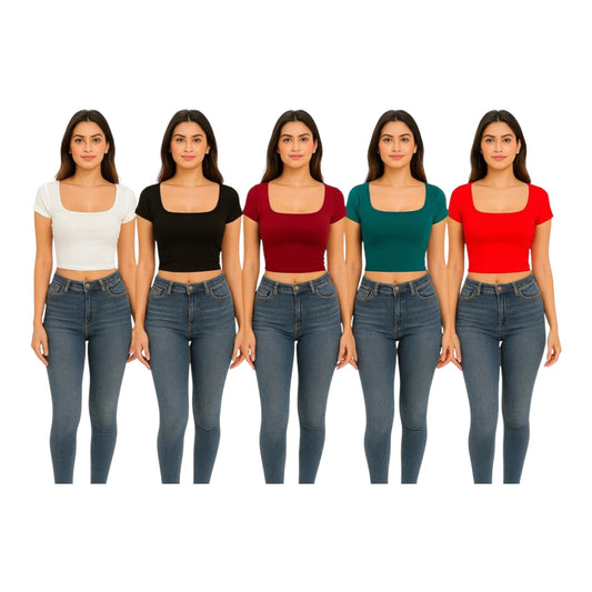 Women’s Short Sleeve Square Neck Crop Tops Basic Slim Fit Cropped T-Shirt