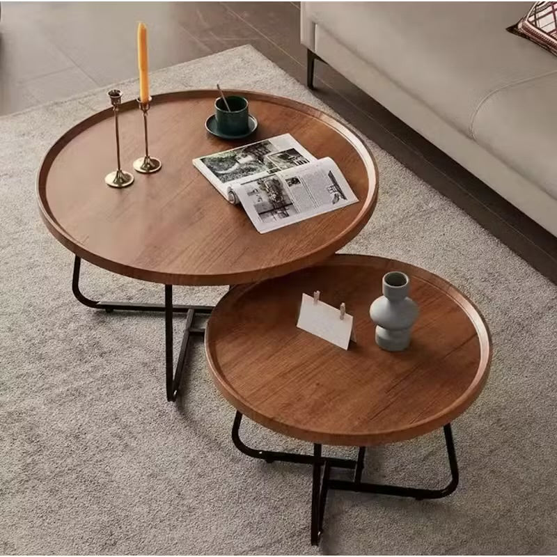MFurn 2-Piece Round Coffee Table Set – Modern Wood Raised Edge with Metal Frame