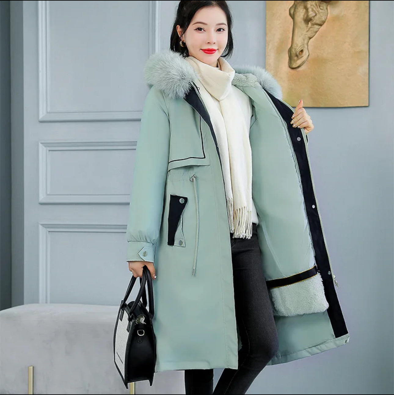 Winter Warm Women Long Parka Fur Collar Cotton Hooded Jacket
