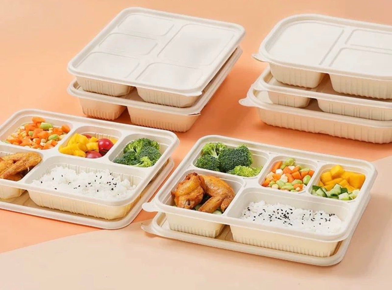 Compostable Cornstarch Takeaway Container with Lid - Eco-Friendly 5 - Compartment Box/ Pack 50pc