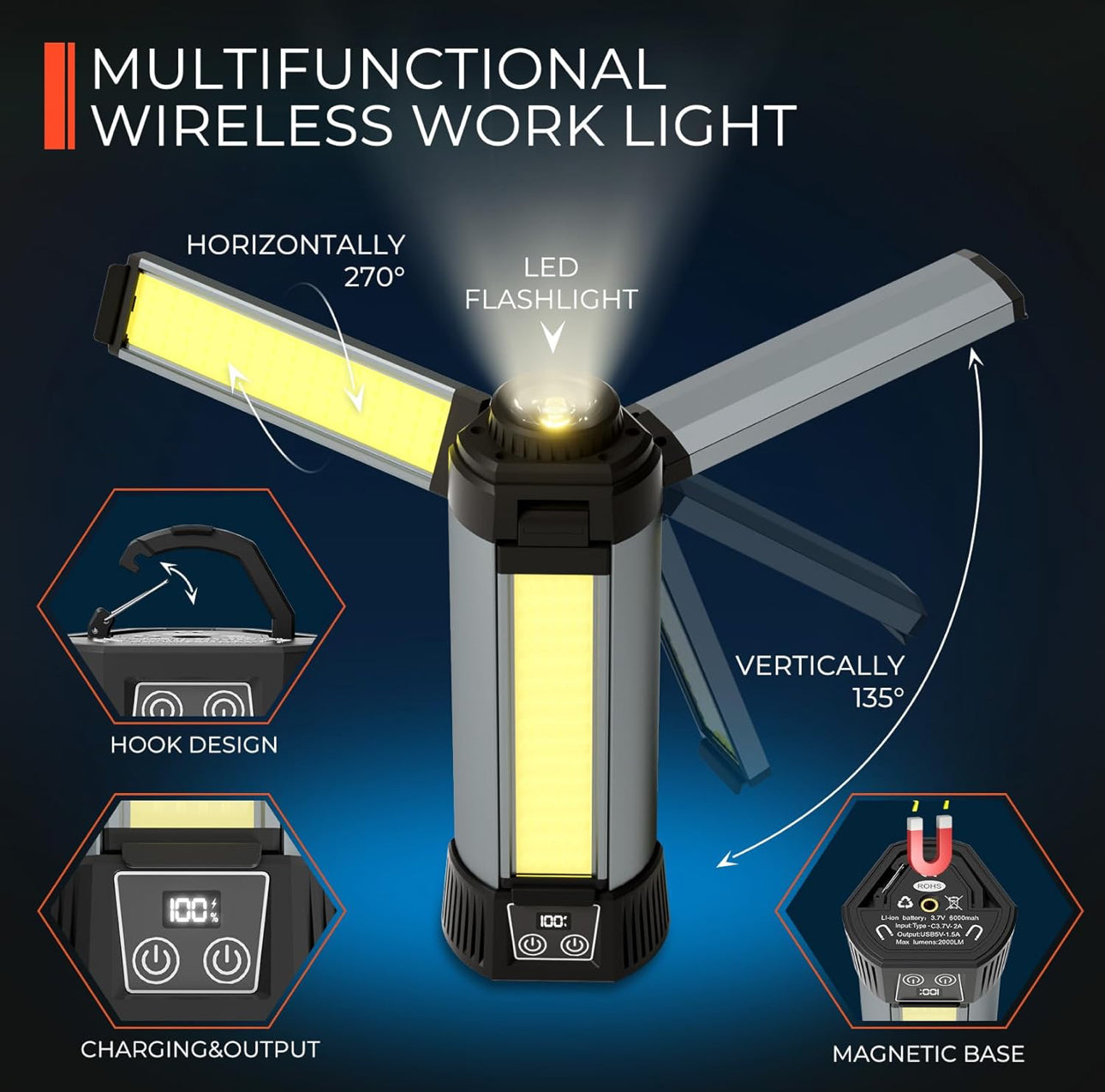 Rechargeable LED Work Light with Stand - Cordless Dimmable Camping Light with Detachable Tripod,Hooks and Carrying Bag