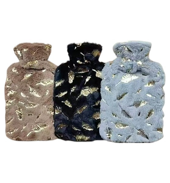 MHome Hot Water Bottle – 2L with Fleece Cover – Gold Leaf Design