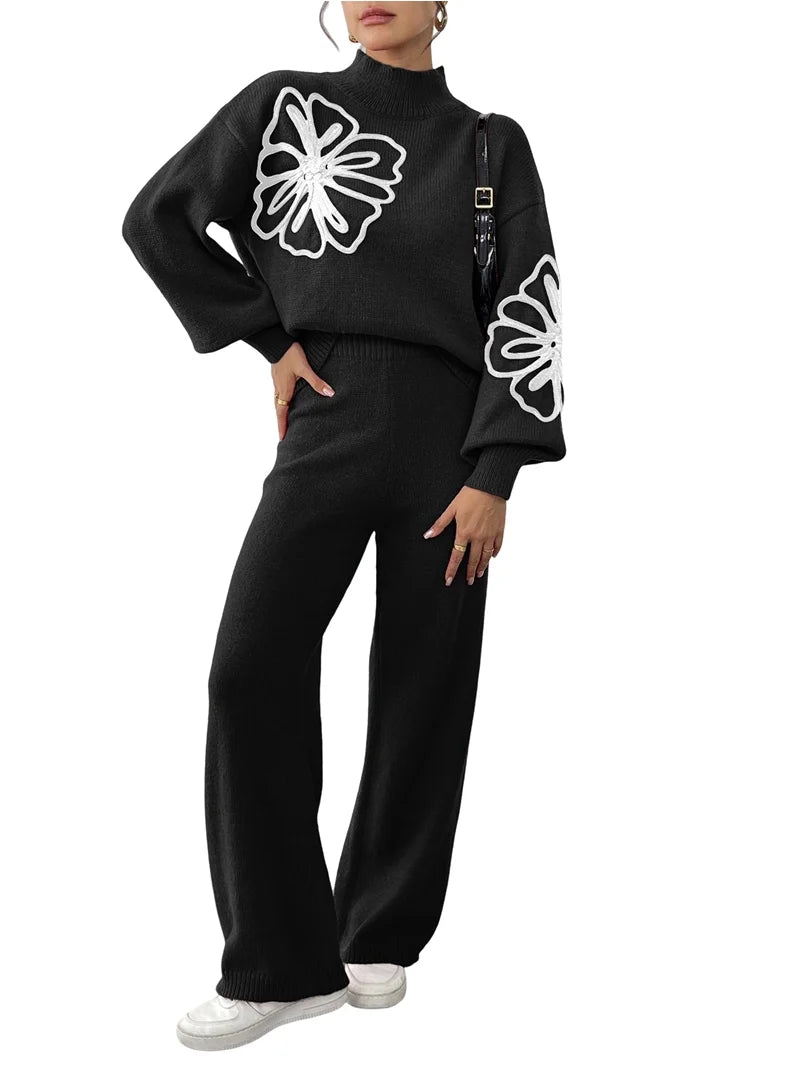 Ladies Floral Embroidery Knitted Loungewear 2pc - Various Colours