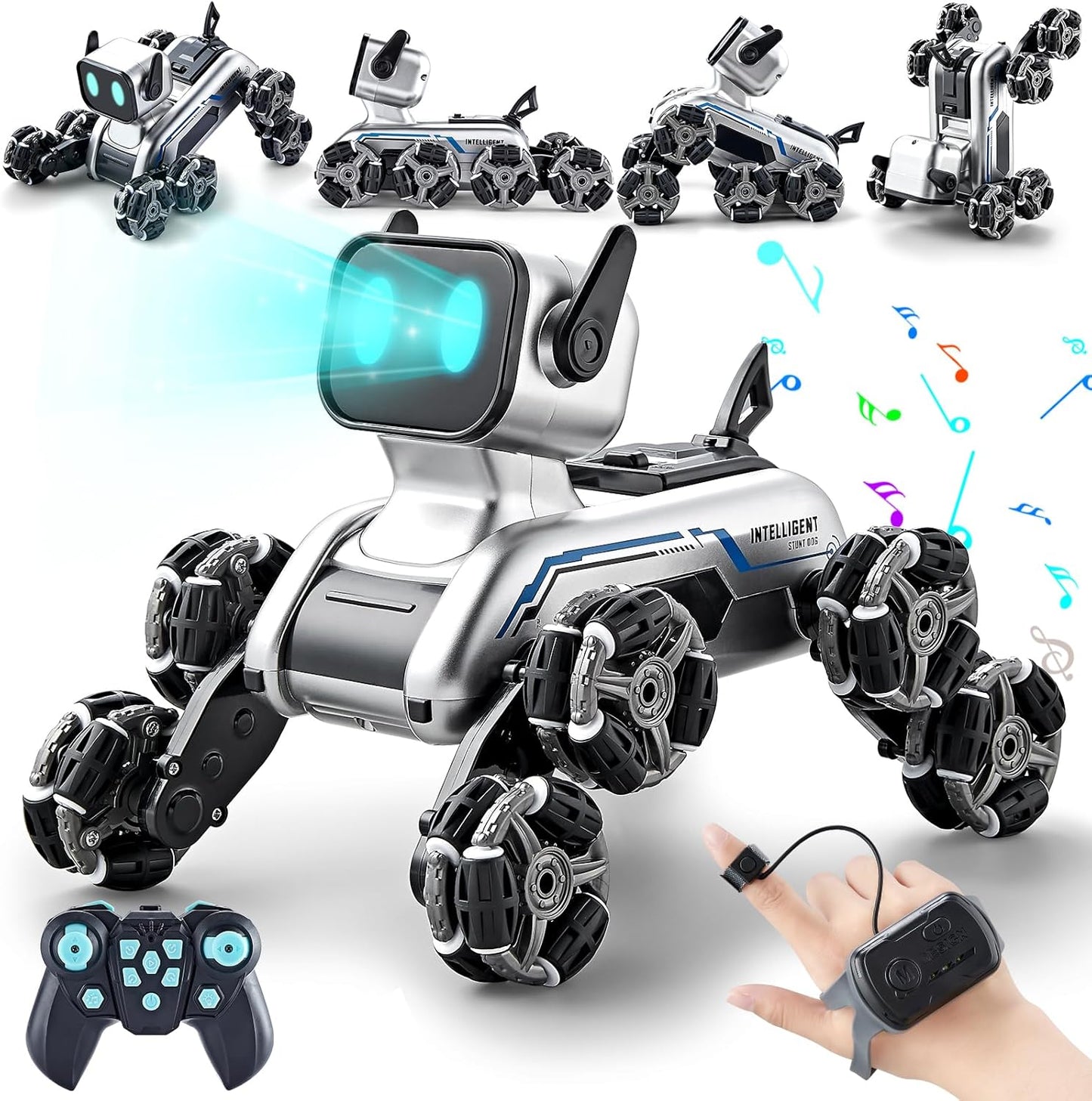 Remote Control Robot Dog Toy with Gesture Control, Lights & Music (8WD)