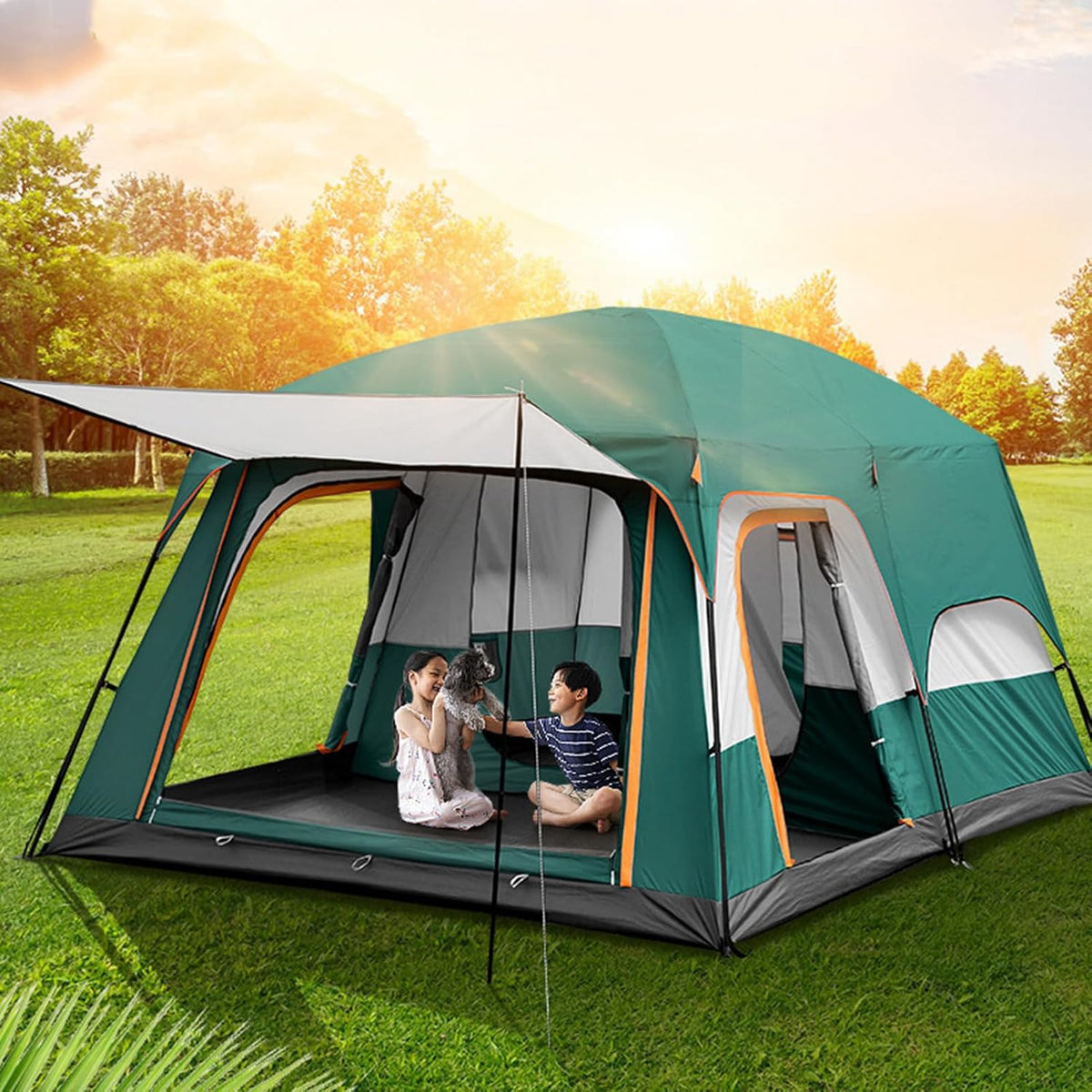MHome 2-Room 4-6 Person Tunnel Camping Tent with Awning & Built-in Floor