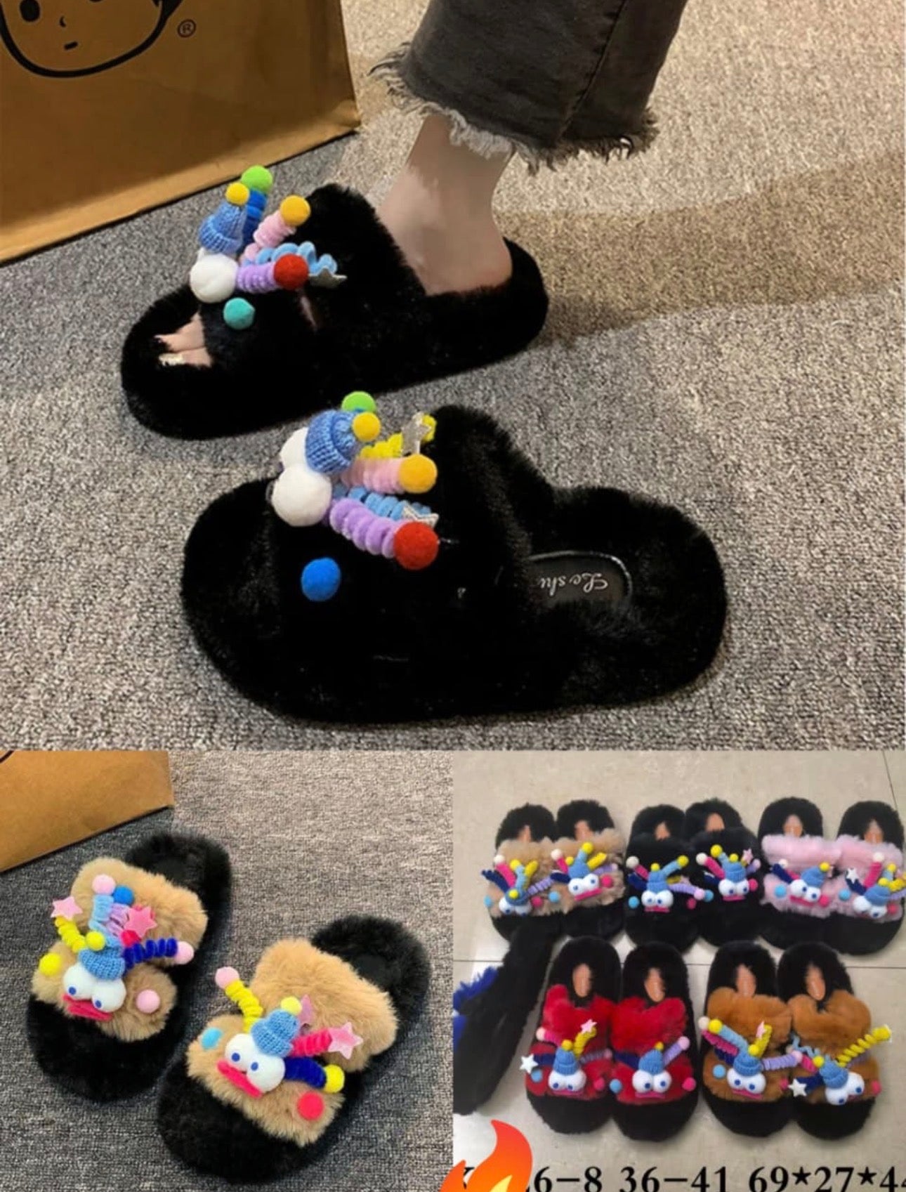 Women Winter Slippers Furry Flip Flops House Shoes Cute Cartoon Theme