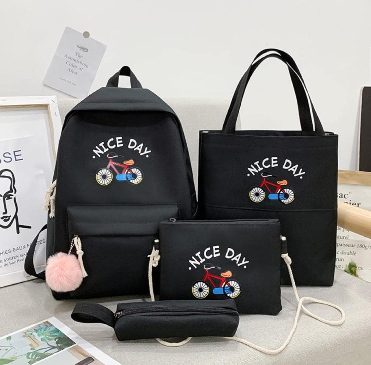 Backpack, travel bag, leisure female student school bag, simple computer four-piece set