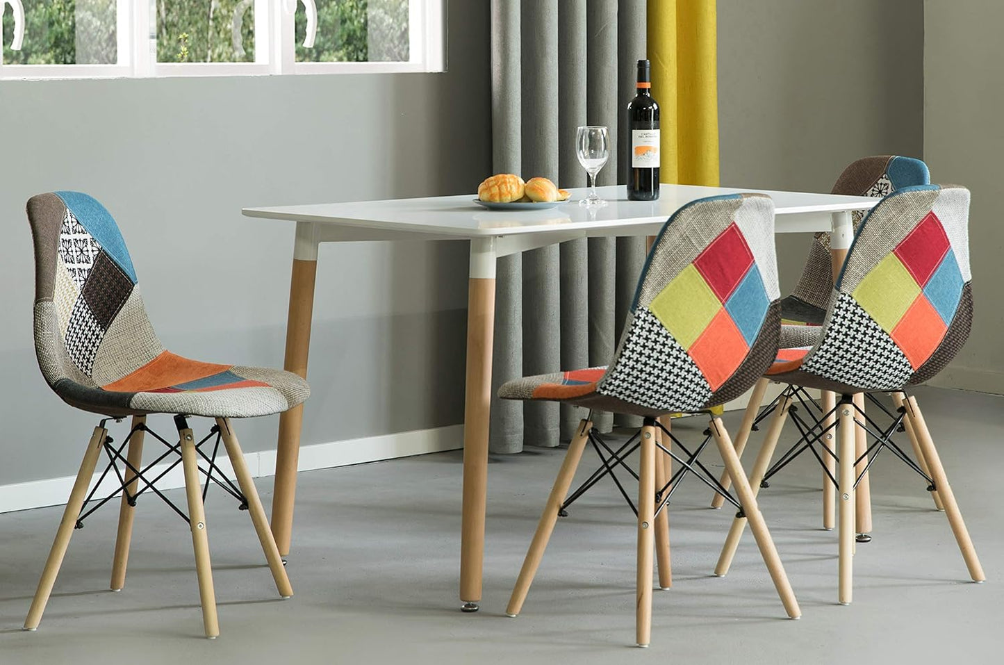 MFurn Patchwork Fabric Dining Chair – Modern Upholstered Seat with Wooden Legs