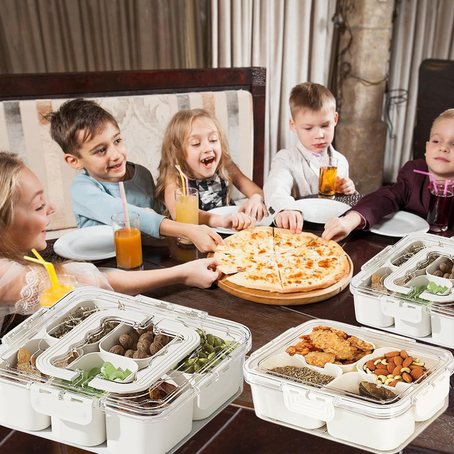 MHome 6 & 9-Compartment Divided Clear Snack Box with Lid & Handle