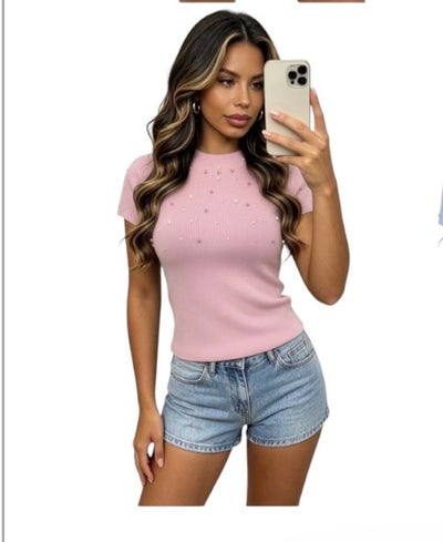 Ladies Pearl Embellished Short Sleeve Tops-Various Colours
