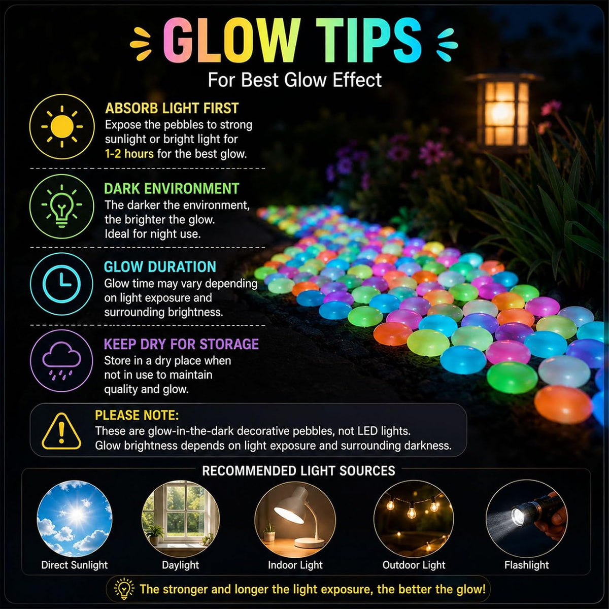 Glow in the Dark Garden Stones, Colorful Luminous Pebbles, 200pcs