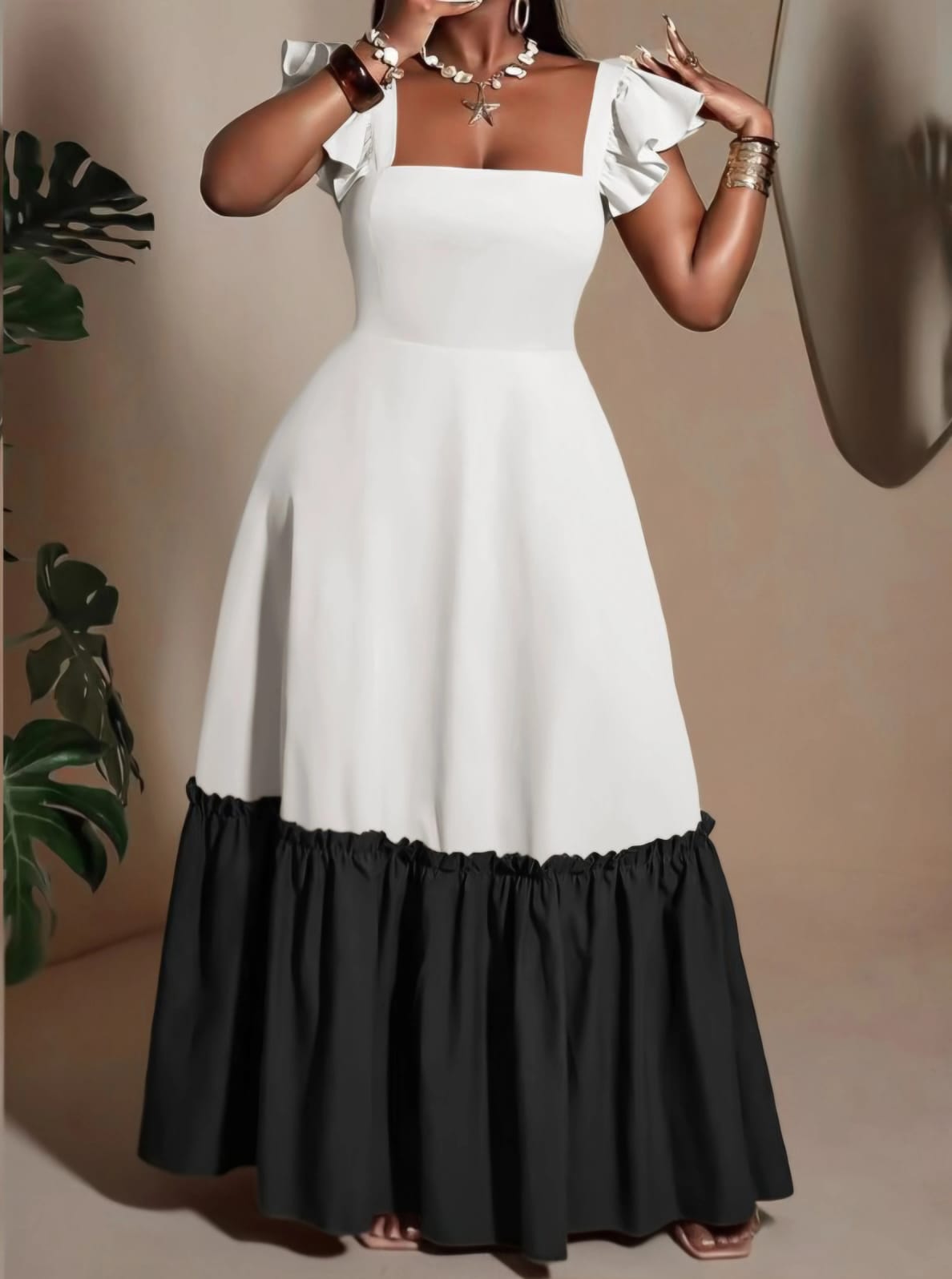 Ladies Two-Tone Ruffle-Sleeve Tiered Maxi Dress-Various Colours