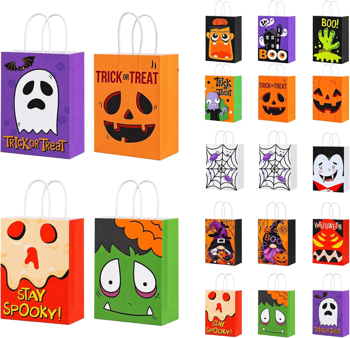 Halloween Paper Gift Treat Bags for Kids, 12 Pack 7 Spooky Designs with Handles