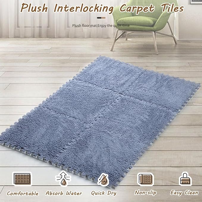 6Pcs Plush Foam Floor Square Interlocking Carpet Tiles with Border