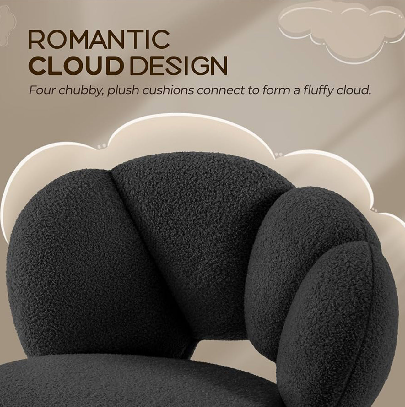 MFurn Rotating Boucle Upholstered Desk Makeup Vanity Chair with Wheels Swivel Cloud-shaped Accent Chair with Adjustable Height for Home Office Living Room, Bedroom Women Black