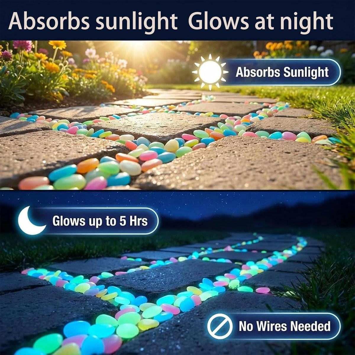 Glow in the Dark Garden Stones, Colorful Luminous Pebbles, 200pcs
