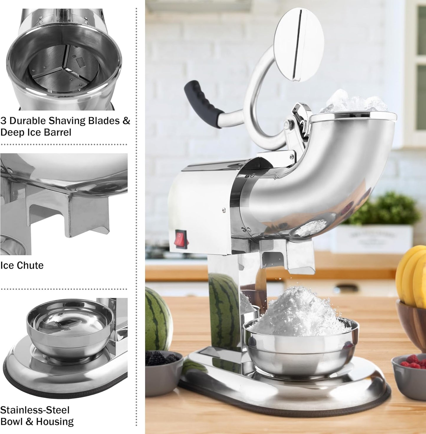 MHome Snow Cone Machine – 250W Stainless Steel Ice Shaver