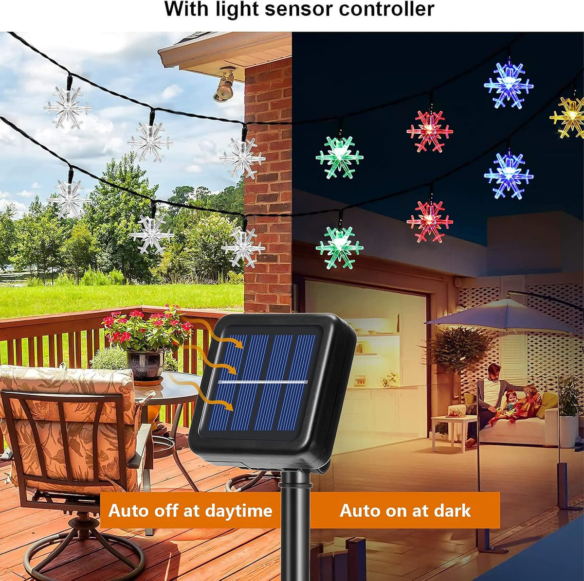 Solar Snowflake String Lights, 5m with 20 LEDs, Multicolour Outdoor Decoration