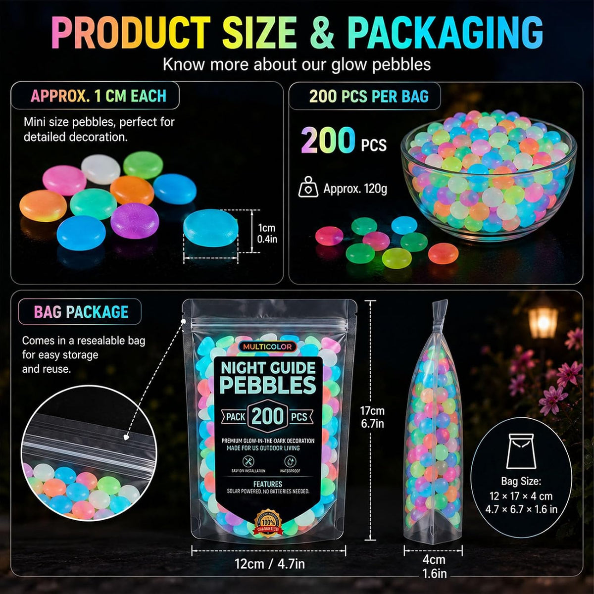 Glow in the Dark Garden Stones, Colorful Luminous Pebbles, 200pcs