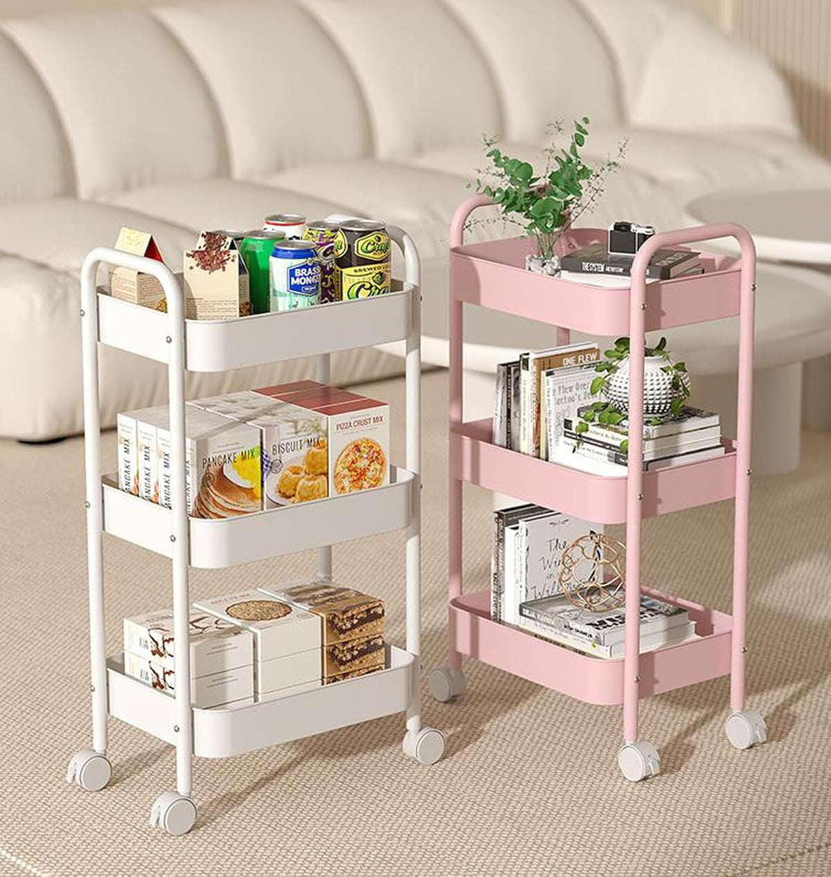 MHome 3 Tier Rolling Storage Cart with Wheels, Carbon Steel, 45x30x78cm