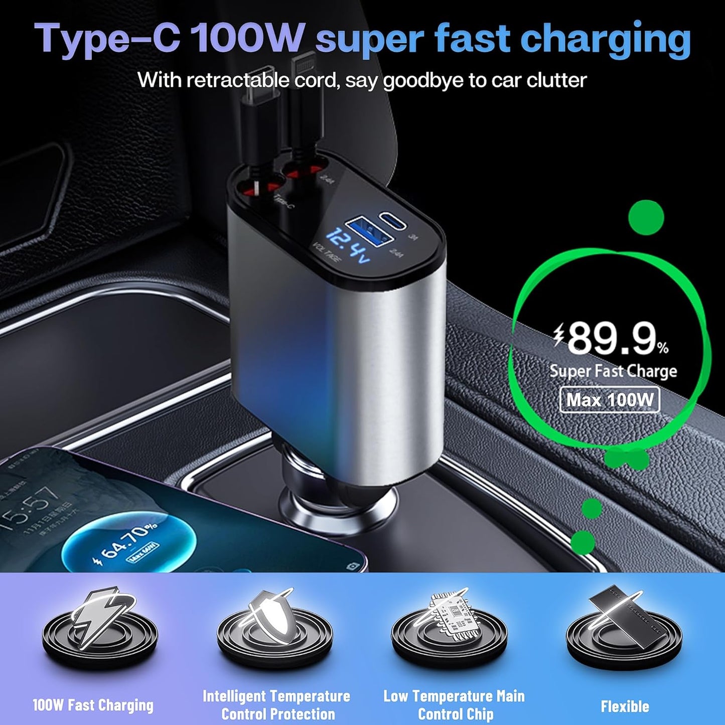 MTech 4-in-1 Retractable Car Charger – 120W Fast Charging USB-C & Lightning Cables