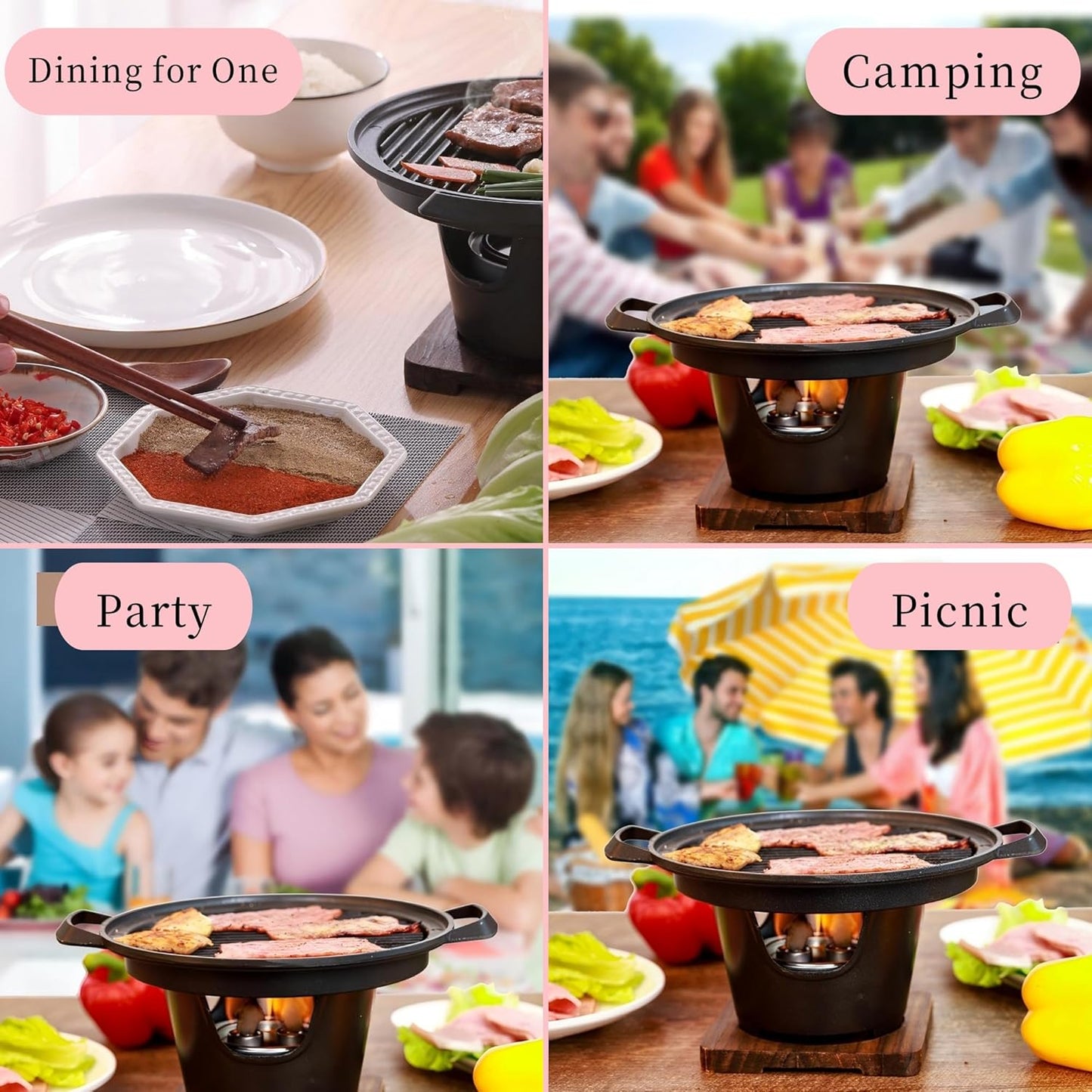 MHome Mini BBQ Grill with Wood Base – Portable Japanese Hibachi Charcoal Grill